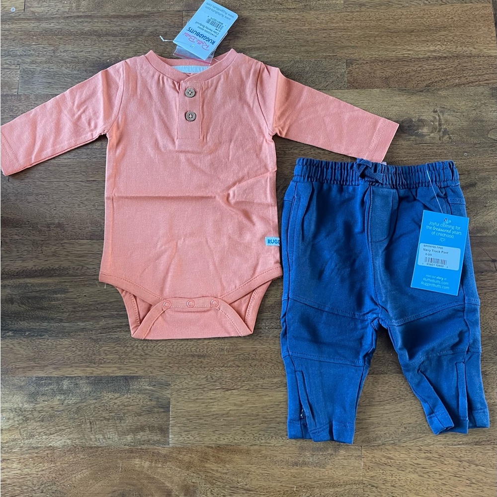 NWT Ruggedbutts Orange Long Sleeve Onesie and Blue Pants Set Size 0-3M